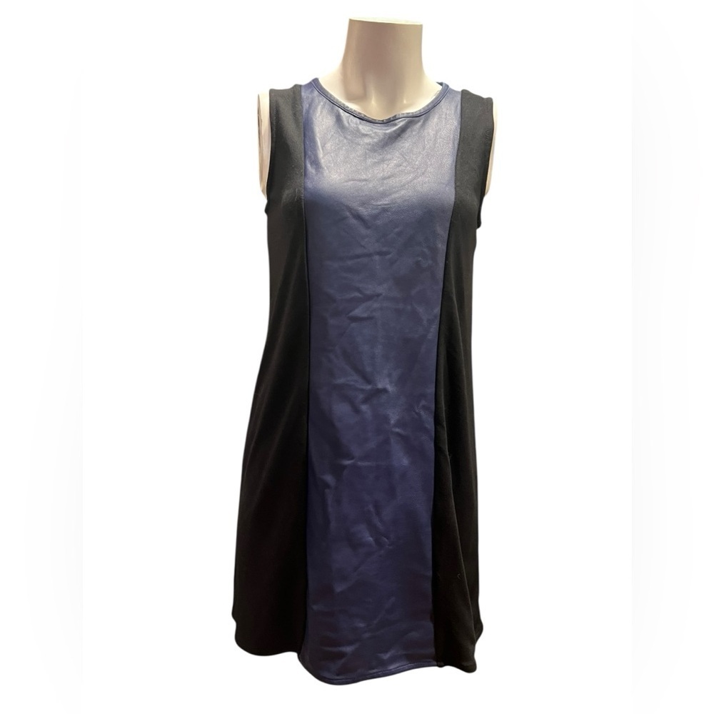 PJK Patterson J. Kincaid Black Blue Clara Lamb Leather Panel Shift Dress Size S